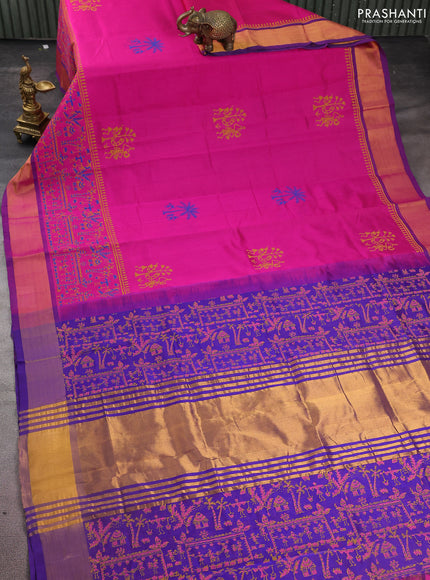 Silk cotton block printed saree pink and blue with warli prints and zari woven border