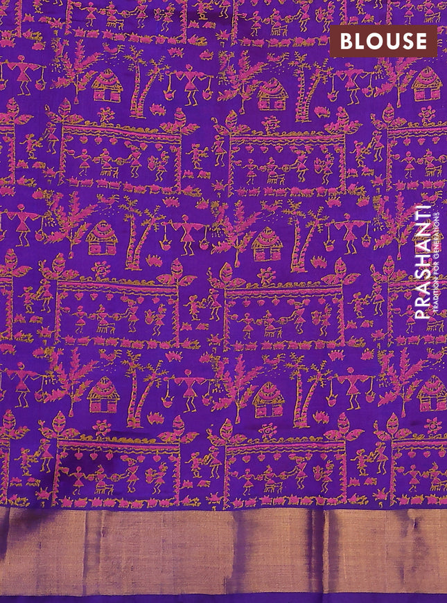 Silk cotton block printed saree pink and blue with warli prints and zari woven border