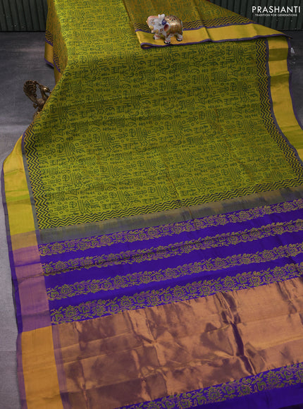 Silk cotton block printed saree lime green and violet with allover prints and zari woven border