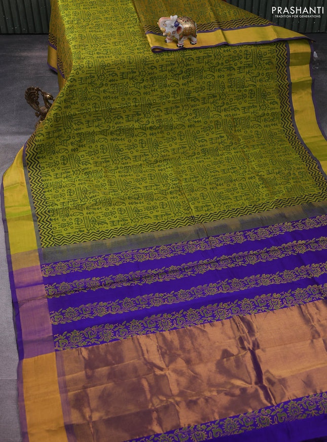 Silk cotton block printed saree lime green and violet with allover prints and zari woven border