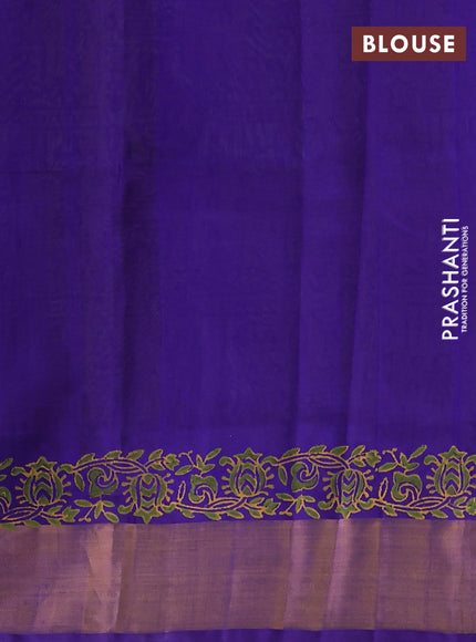 Silk cotton block printed saree lime green and violet with allover prints and zari woven border