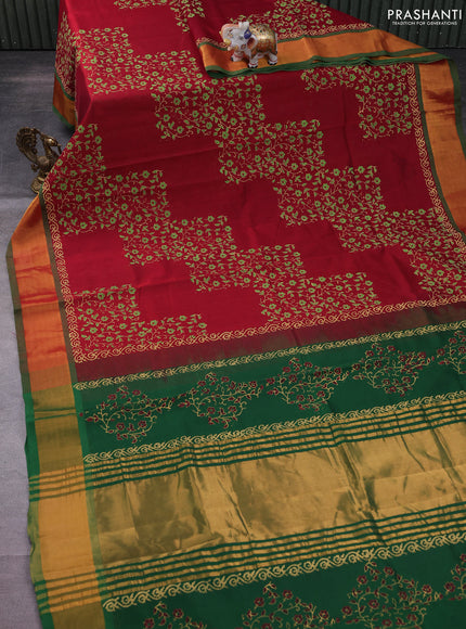 Silk cotton block printed saree maroon and green with allover prints and zari woven border