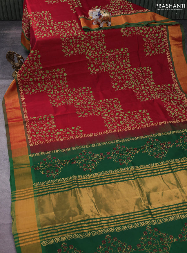 Silk cotton block printed saree maroon and green with allover prints and zari woven border