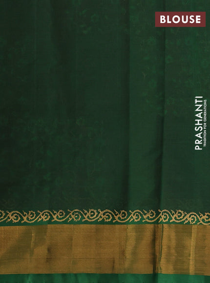 Silk cotton block printed saree maroon and green with allover prints and zari woven border