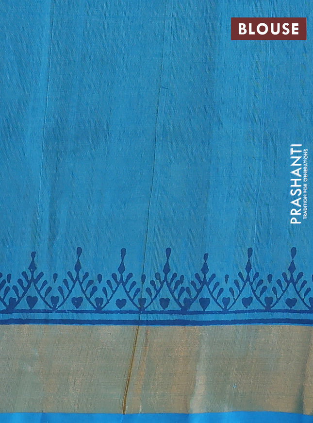 Silk cotton block printed saree light green and light blue with allover prints and zari woven border