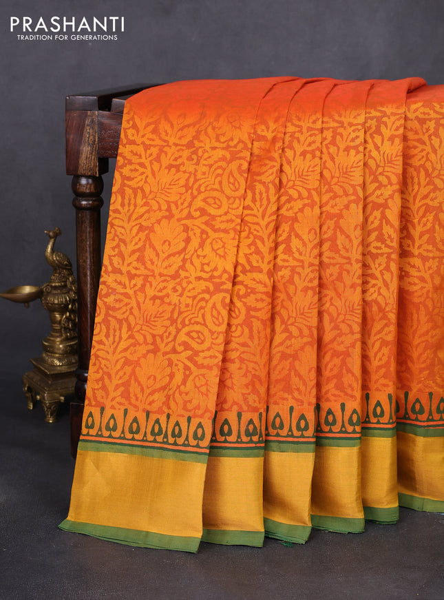 Silk cotton block printed saree dual shade of mango yellow and green with allover prints and zari woven border