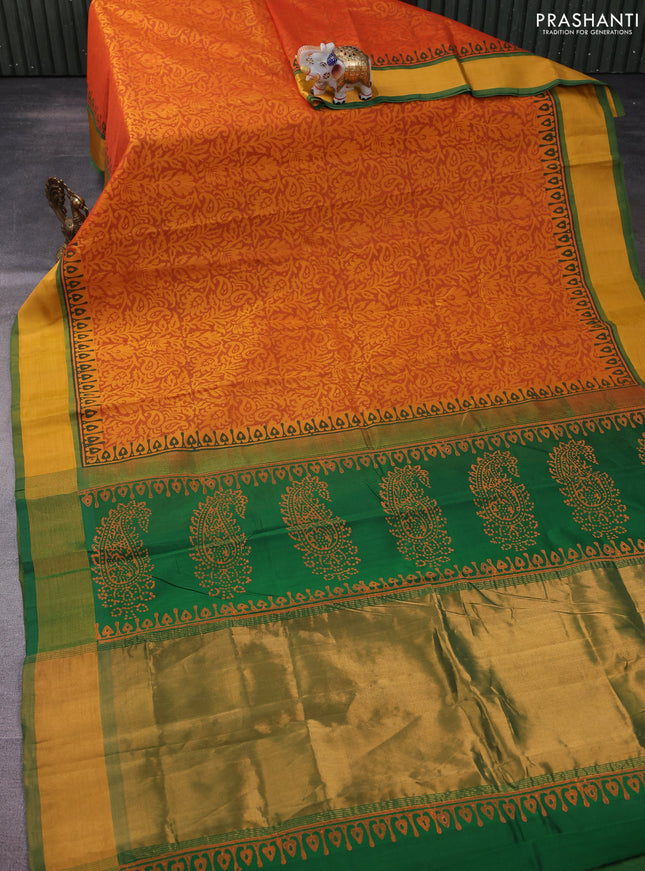 Silk cotton block printed saree dual shade of mango yellow and green with allover prints and zari woven border