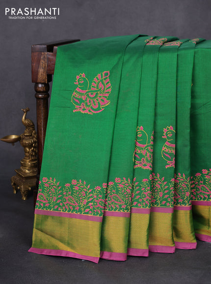 Silk cotton block printed saree green and pink with annam butta prints and zari woven border