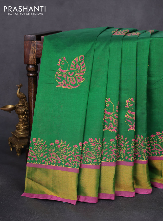 Silk cotton block printed saree green and pink with annam butta prints and zari woven border