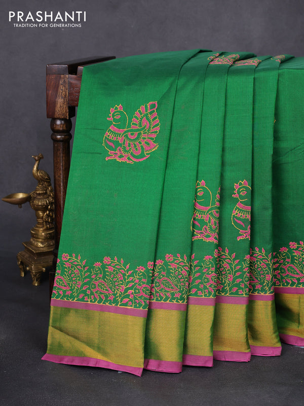 Silk cotton block printed saree green and pink with annam butta prints and zari woven border