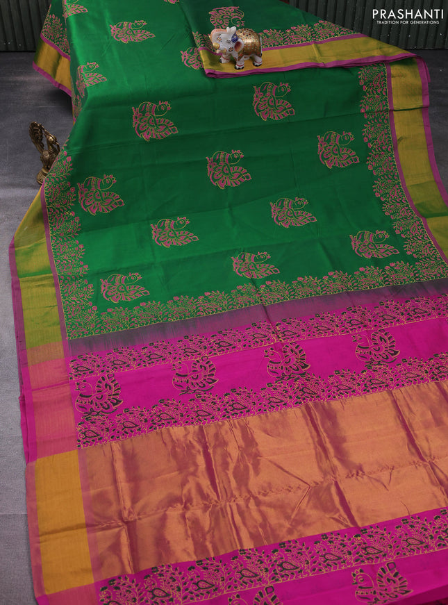 Silk cotton block printed saree green and pink with annam butta prints and zari woven border