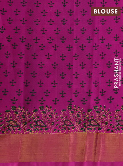 Silk cotton block printed saree green and pink with annam butta prints and zari woven border