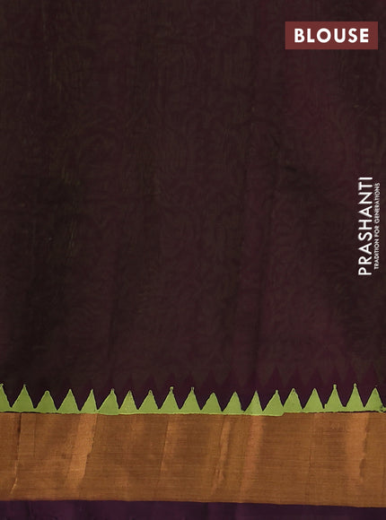 Silk cotton block printed saree light green and wine shade with allover prints and zari woven border