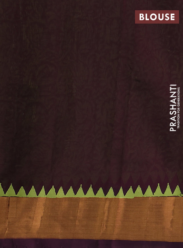 Silk cotton block printed saree light green and wine shade with allover prints and zari woven border