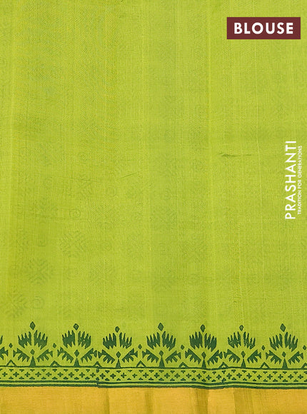 Silk cotton block printed saree fluorescent green with allover butta prints and zari woven border