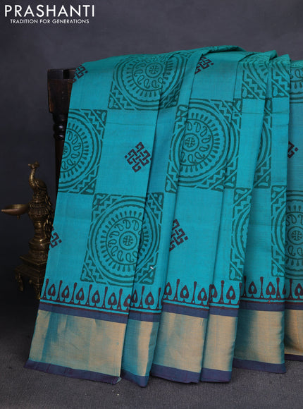 Silk cotton block printed saree teal green shade and wine shade with allover prints and zari woven border