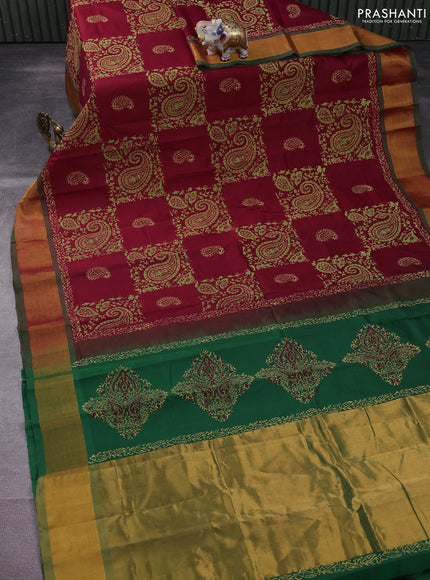 Silk cotton block printed saree maroon and green with allover paisley prints and zari woven border