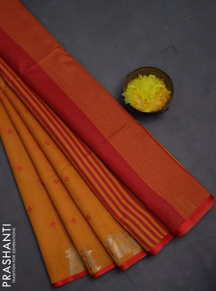 Semi dupion saree mango yellow and red with thread woven buttas and deer zari woven butta border