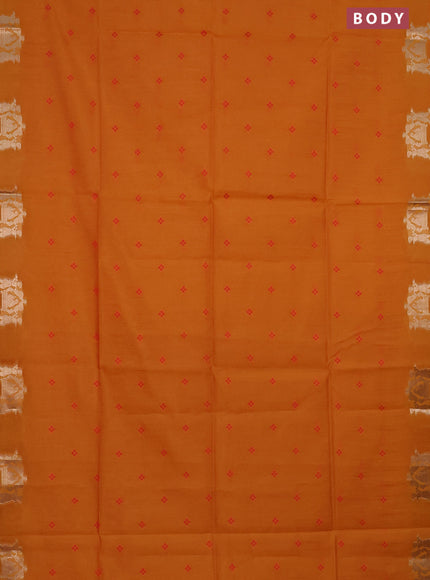 Semi dupion saree mango yellow and red with thread woven buttas and deer zari woven butta border