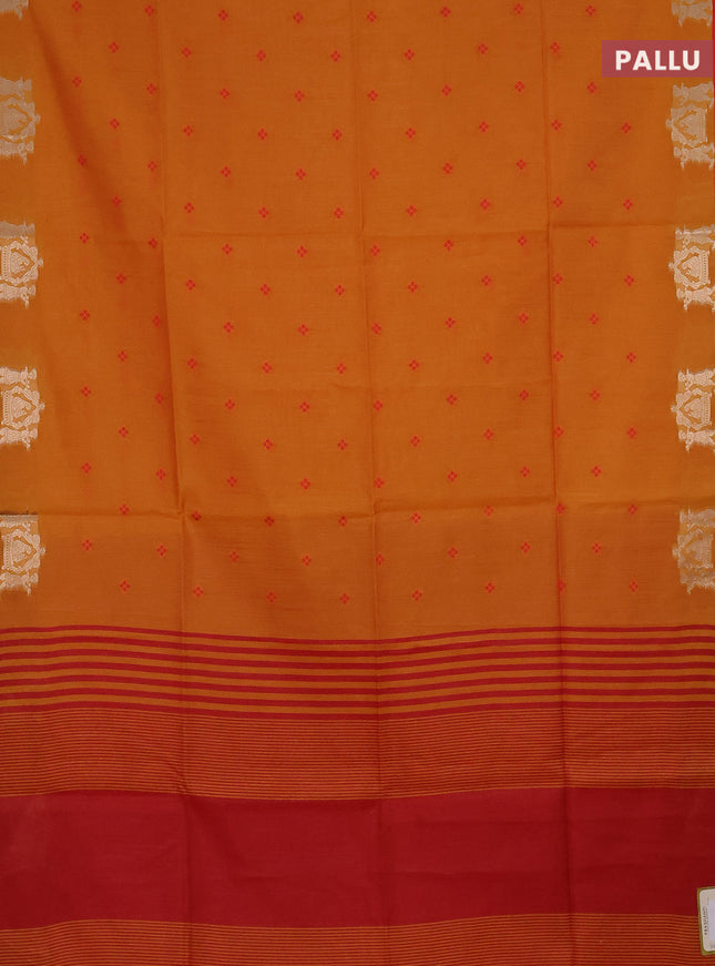 Semi dupion saree mango yellow and red with thread woven buttas and deer zari woven butta border