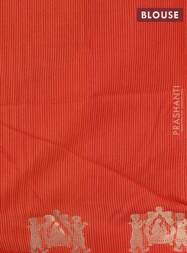 Semi dupion saree mango yellow and red with thread woven buttas and deer zari woven butta border