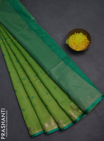 Semi dupion saree light green and green with thread woven buttas and deer zari woven butta border