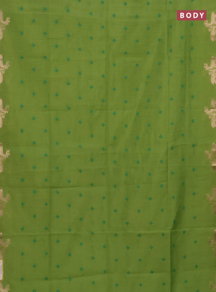 Semi dupion saree light green and green with thread woven buttas and deer zari woven butta border