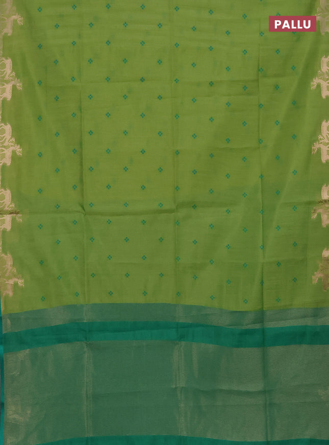 Semi dupion saree light green and green with thread woven buttas and deer zari woven butta border