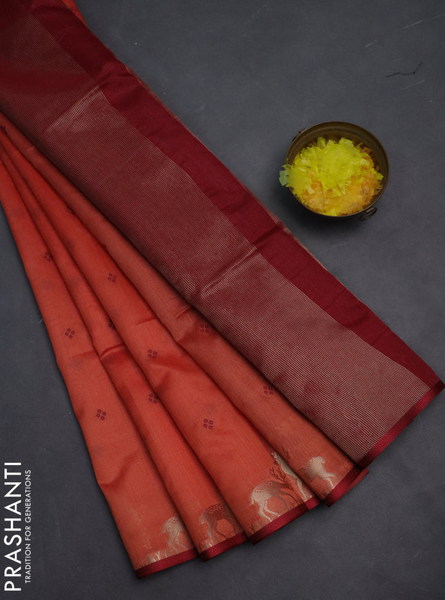 Semi dupion saree dark peach and maroon with thread woven buttas and deer zari woven butta border