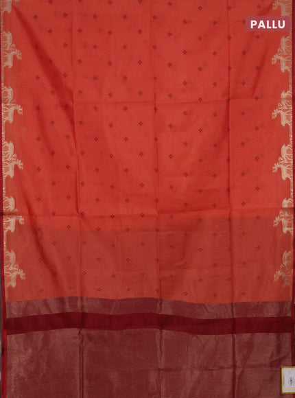 Semi dupion saree dark peach and maroon with thread woven buttas and deer zari woven butta border