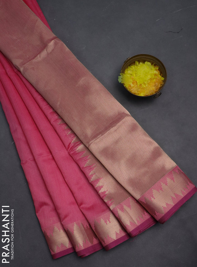 Semi dupion saree light pink and purple with plain body and temple design zari woven border