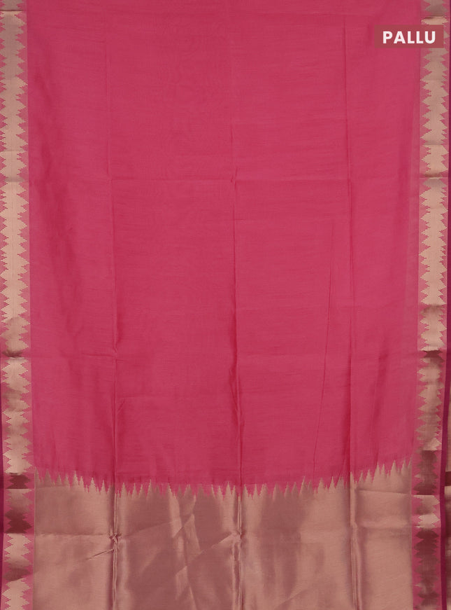 Semi dupion saree light pink and purple with plain body and temple design zari woven border