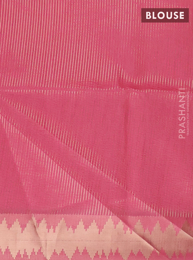 Semi dupion saree light pink and purple with plain body and temple design zari woven border