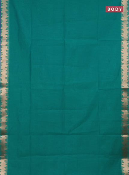 Semi dupion saree teal green and blue with plain body and temple design zari woven border