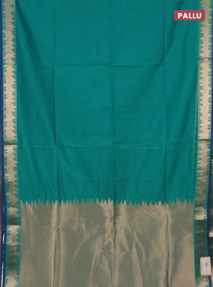 Semi dupion saree teal green and blue with plain body and temple design zari woven border