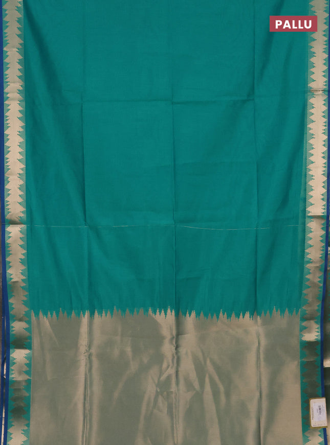 Semi dupion saree teal green and blue with plain body and temple design zari woven border