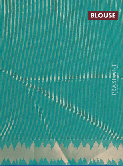 Semi dupion saree teal green and blue with plain body and temple design zari woven border