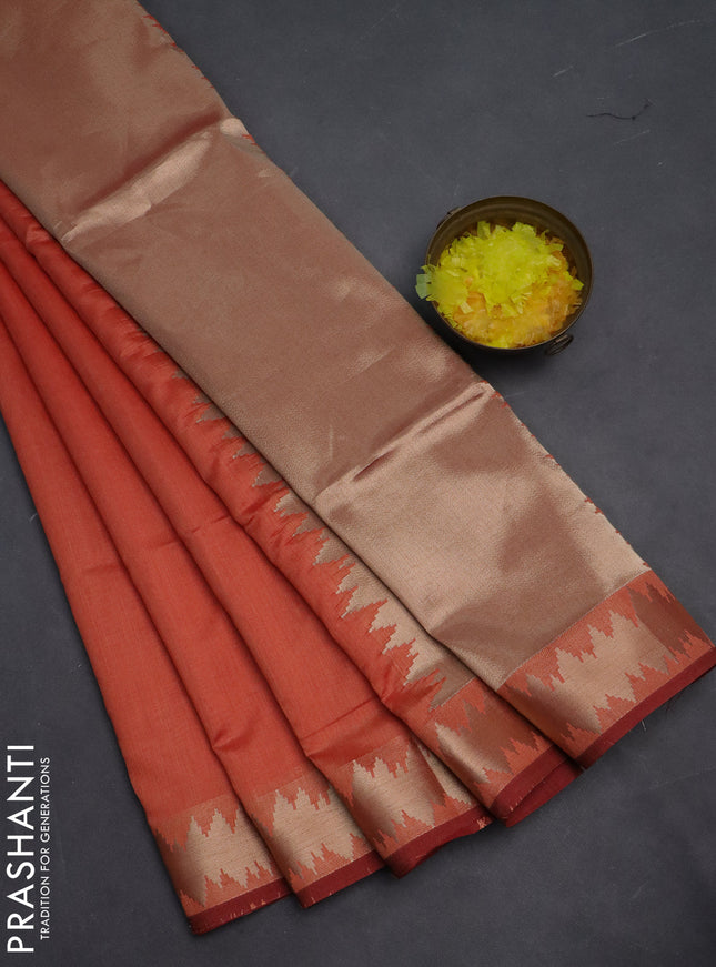 Semi dupion saree dark peach and maroon with plain body and temple design zari woven border