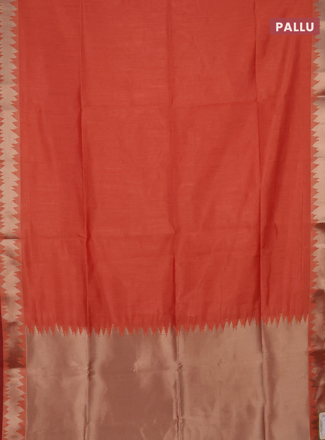 Semi dupion saree dark peach and maroon with plain body and temple design zari woven border