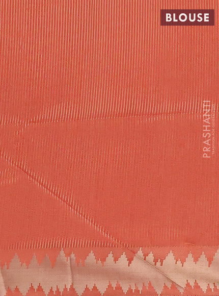 Semi dupion saree dark peach and maroon with plain body and temple design zari woven border