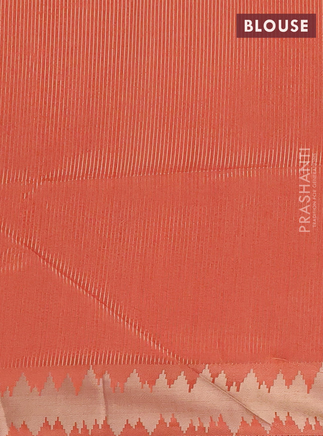 Semi dupion saree dark peach and maroon with plain body and temple design zari woven border