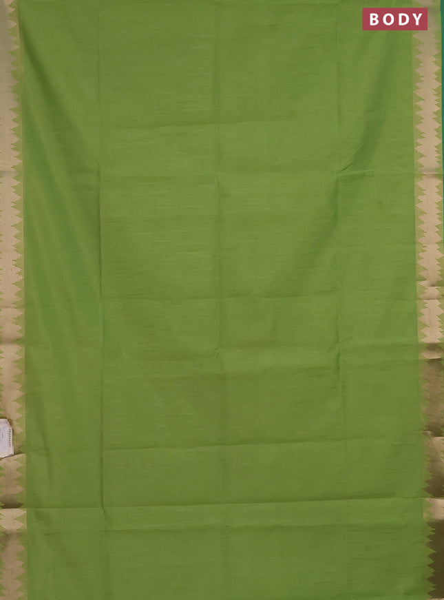 Semi dupion saree light green and teal green with plain body and temple design zari woven border