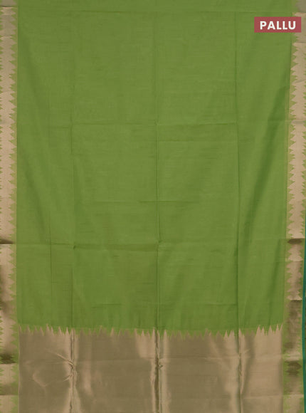 Semi dupion saree light green and teal green with plain body and temple design zari woven border