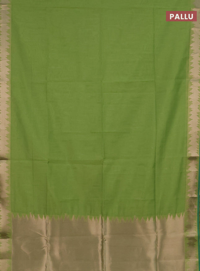 Semi dupion saree light green and teal green with plain body and temple design zari woven border