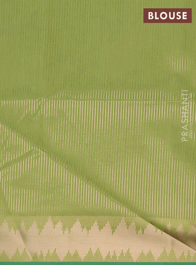 Semi dupion saree light green and teal green with plain body and temple design zari woven border