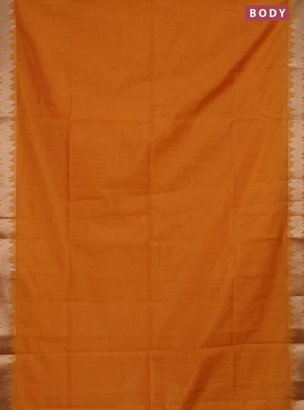 Semi dupion saree mango yellow and orange with plain body and temple design zari woven border