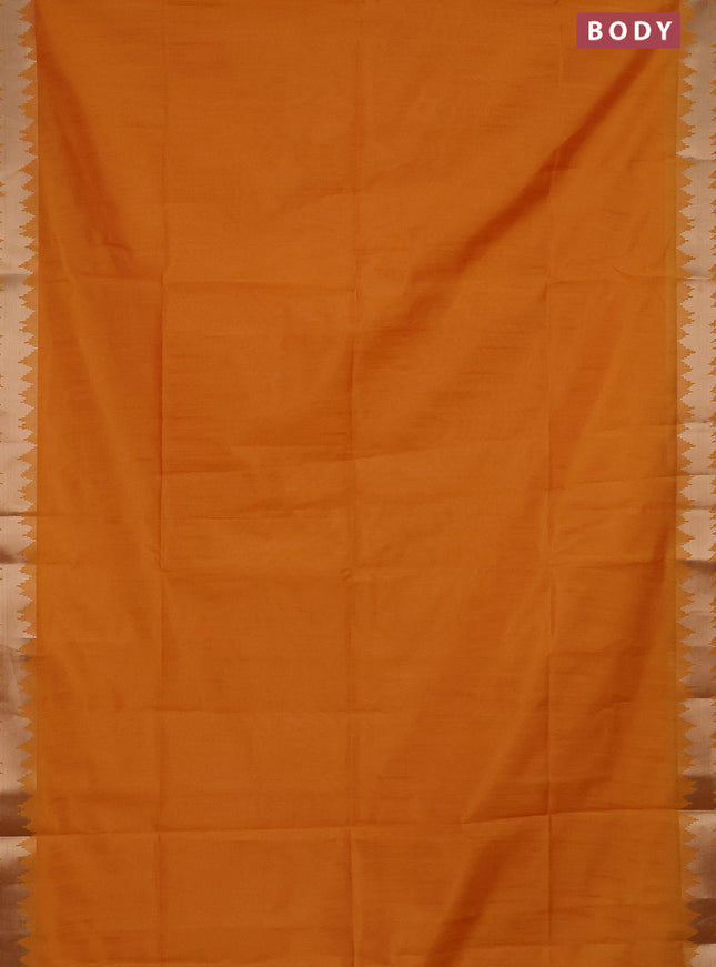 Semi dupion saree mango yellow and orange with plain body and temple design zari woven border