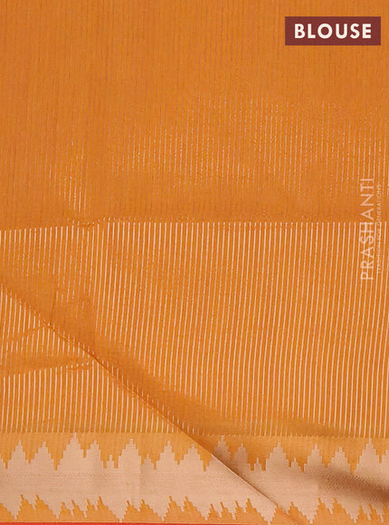 Semi dupion saree mango yellow and orange with plain body and temple design zari woven border