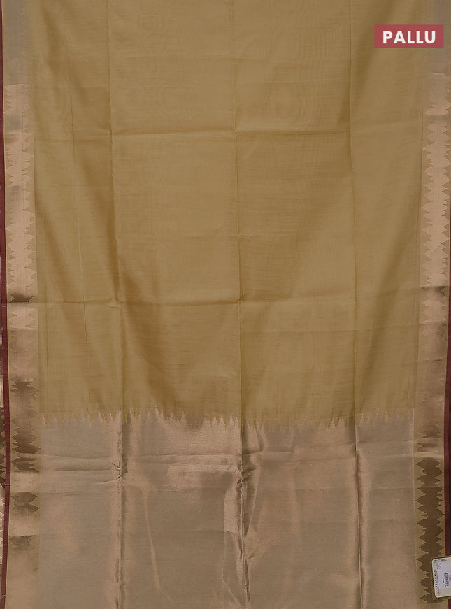 Semi dupion saree cream and maroon with plain body and temple design zari woven border