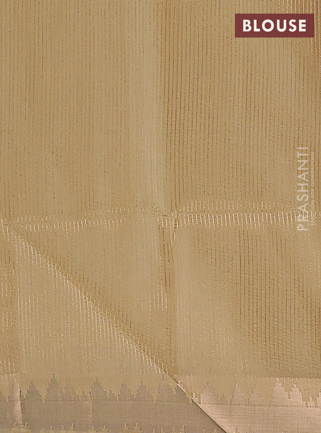 Semi dupion saree cream and maroon with plain body and temple design zari woven border